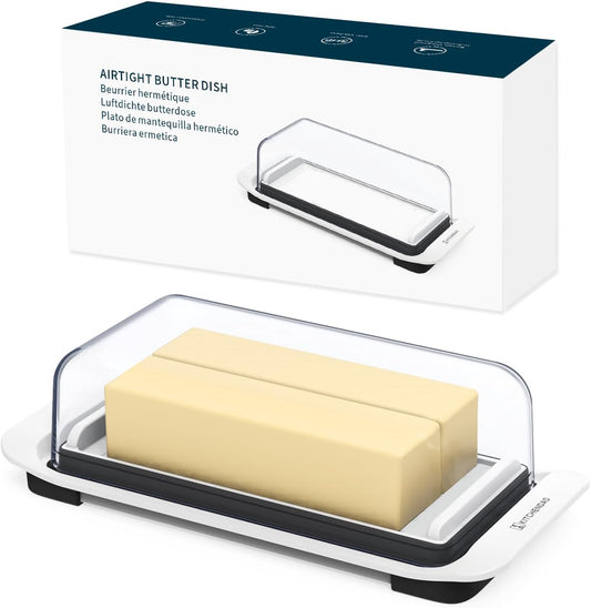 KITCHENDAO Large Airtight Butter Dish with Lid for Countertop and Fridge, Butter Keeper, Plastic Butter Holder Tray for 2 Sticks East Coast/West Coast/European Style/ Kerrygold Butter/ Cream Cheese