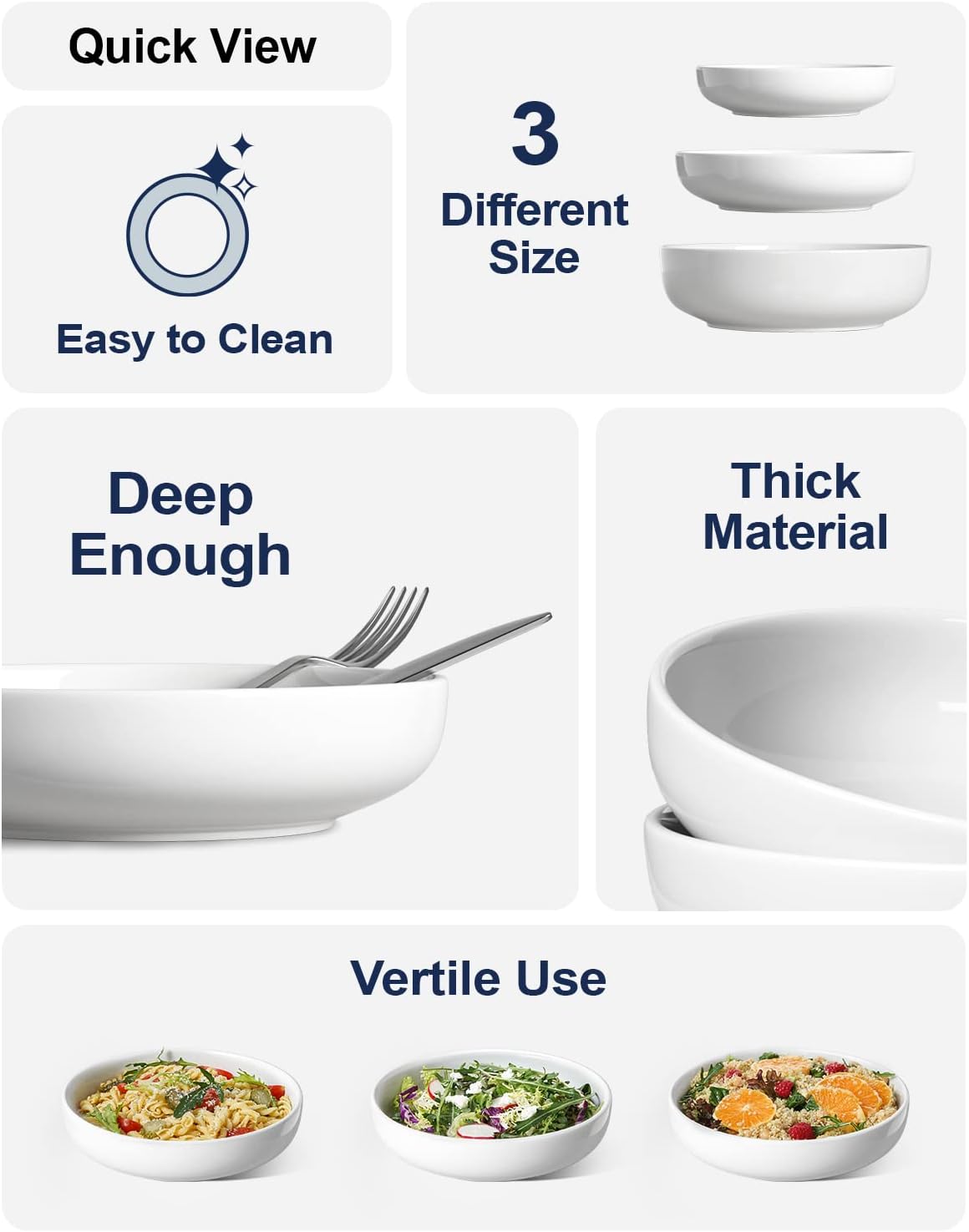 LE TAUCI Pasta Bowls 32 oz, Salad Bowls Set for Serving Soup, Pasta, Noodle, Dinner, Large Kitchen Bowl Plates, Microwave Safe - 7.8 Inch, Set of 4, White