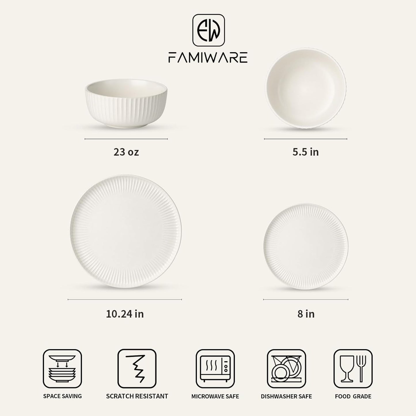 Famiware Starlight Dinnerware Sets, Plates and Bowls Dish Set of 6 (18 Pieces), Ribbed Textured Tableware - Dishwasher & Microwave Safe, Chip Resistant, Reactive Glaze, Matte Reactive White