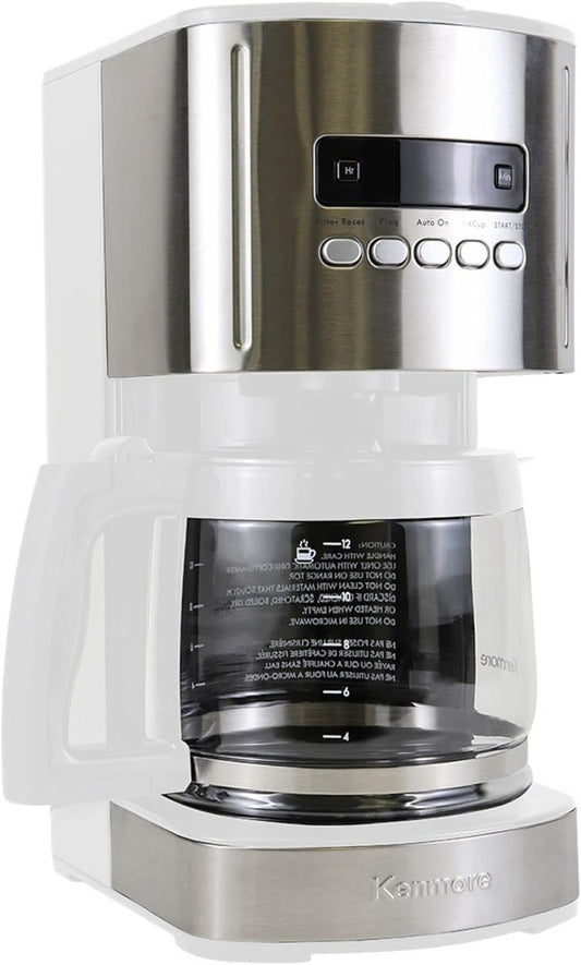 Kenmore drip Coffee Maker - 12 Cup programmable cafe machine with glass pot, regular & bold brew, auto shut off large water reservoir, reusable filter, kitchen appliances for cafeteria barista, White