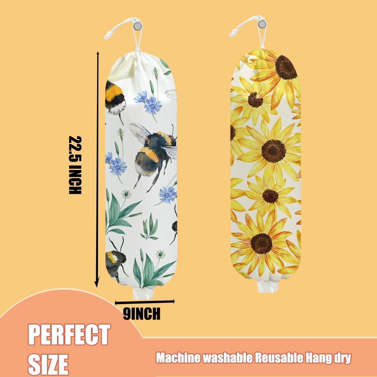 2 Pcs Bee Plastic Bag Holder, Sunflower Grocery Bag Holder Plastic Storage bag, Large Washable Grocery Bags Storage Dispenser for Home Kitchen Pantry Decor, Flower Gifts for Women Mom Grandma