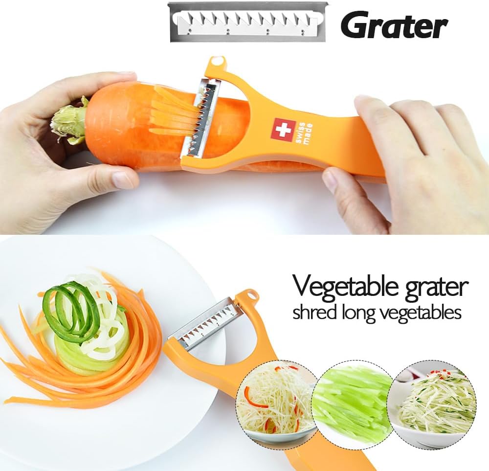Swiss Peeler Vegetable & Potato Peelers for Kitchen, Original Swiss Made Ergonomic Kitchen Peelers for Effortless Prep - Pack of 3 (Green + Orange + Red)