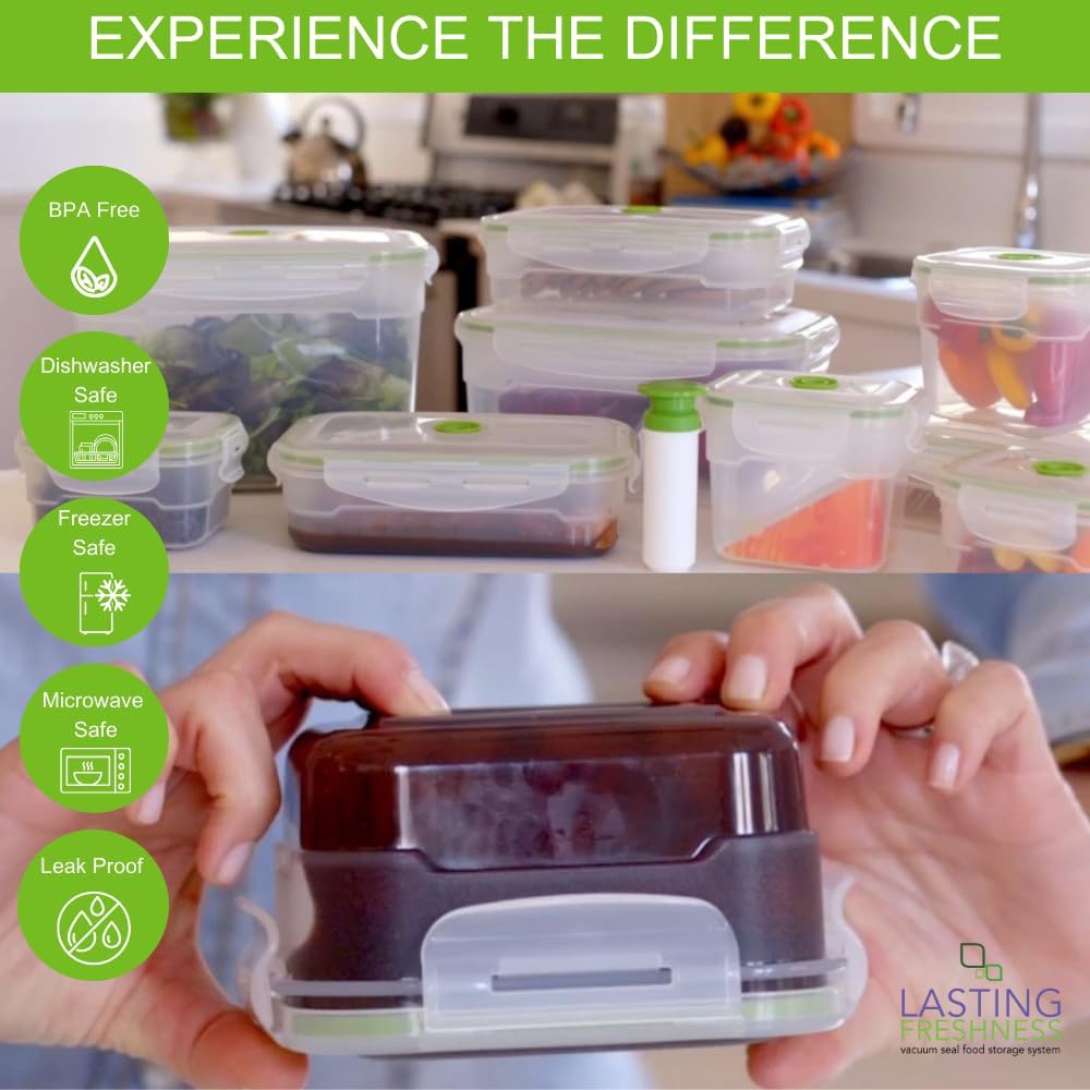 Lasting Freshness 11 piece Vacuum Seal Food Storage Containers with Vacuum Pump, Airtight and Leak Proof, Vacuum Sealed Food Storage Containers, Meal Prep Containers, Keep Food Fresh up to 5 X Longer