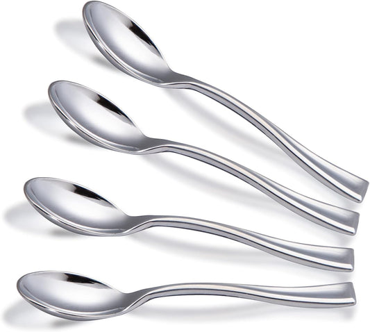 WDF 300 Pieces Plastic Silver Mini Spoons - 4 Inches Silver Plastic Tasting Spoons for Desserts, Heavy Duty Disposable Spoons Perfect for Coffee, Cake, Desserts, Appetizers for Wedding/Party