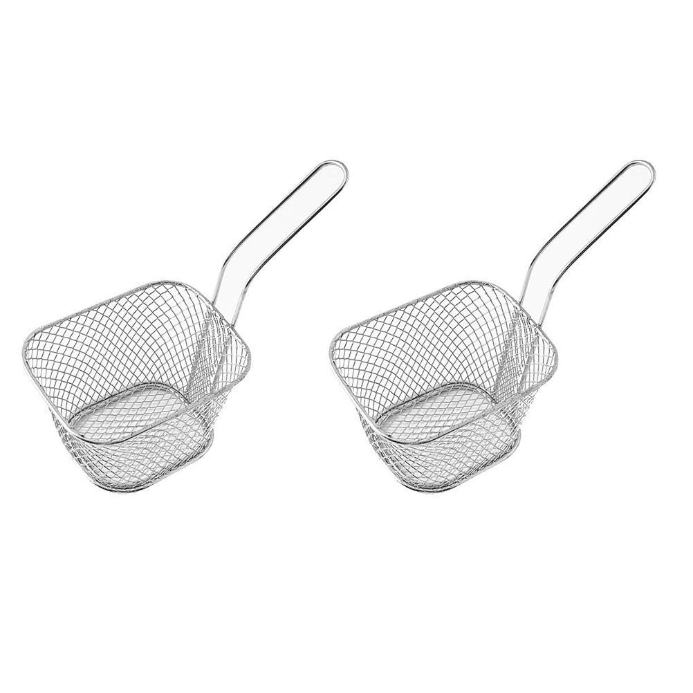 2 Pcs Mini Square Fry Baskets, 4.13×3.3×2.5inch Stainless Steel Fry Basket with Handle Steel French Fry Chip Basket French Fries Desk Food Presentation Mesh Basket Kitchen Cooking Tool
