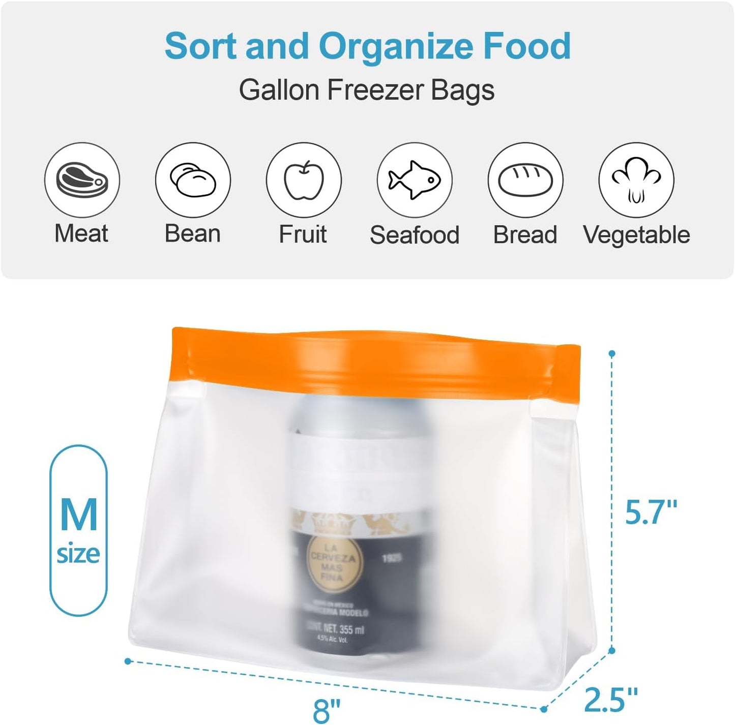 iSPECLE Reusable Bags for Food - 10 Pack Freezer Storage Bags BPA-Free with Stand-Up Bottom and Label, Easy to Get Frozen Meat, Vegetables, Fruit, Leakproof Freezer Bags Keep Food Fresh, Orange