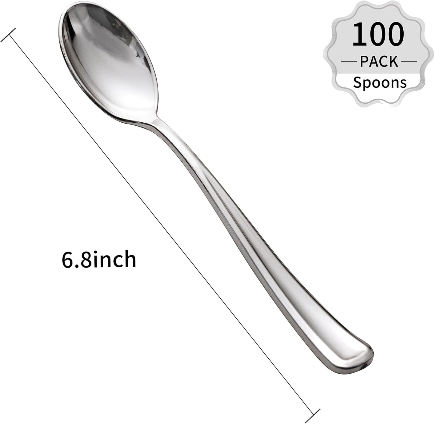 WDF 100 Pack Silver Plastic Spoons Disposable - 6.9 Inch Silver Spoons Heavy Duty Plastic Spoons, Modern Silver Disposable Spoons Perfect for Parties, Weddings