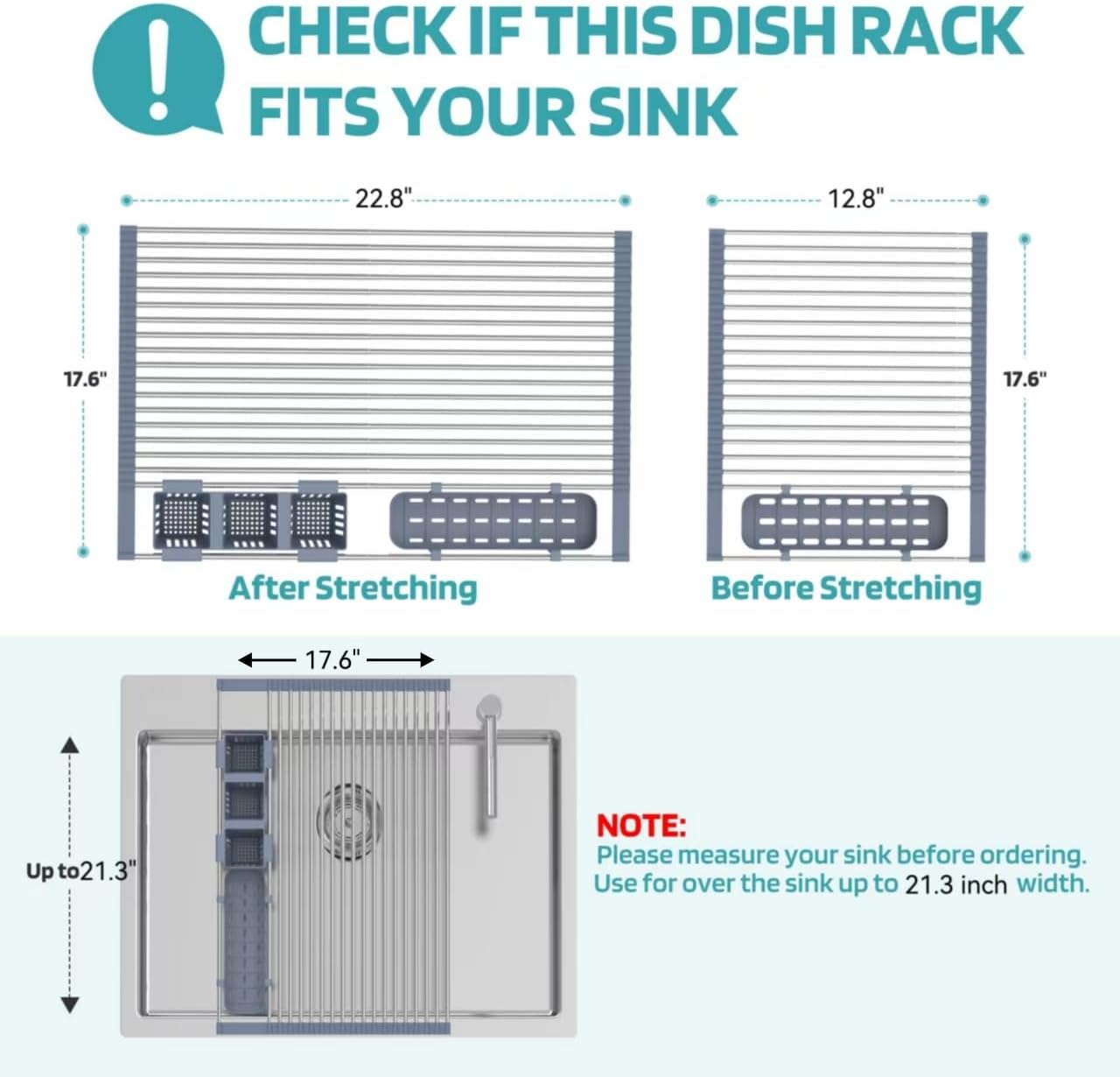Extra Large Expandable Roll Up Dish Drying Rack Up to 22.8''with 2 Storage Baskets,Over The Sink Kitchen Rolling up Dish Drainer Dish Drying Rack in Sink, Foldable,Rollable,for Kitchen Dishes,Fruits