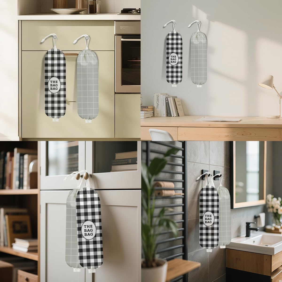 2Pcs Black White Buffalo Check Plaid Plastic Bag Holder, Wall Mount Grocery Bag Holder for Plastic Bags, Minimalist Grid Reusable Grocery Bags Storage Dispenser for Home Kitchen Farmhouse