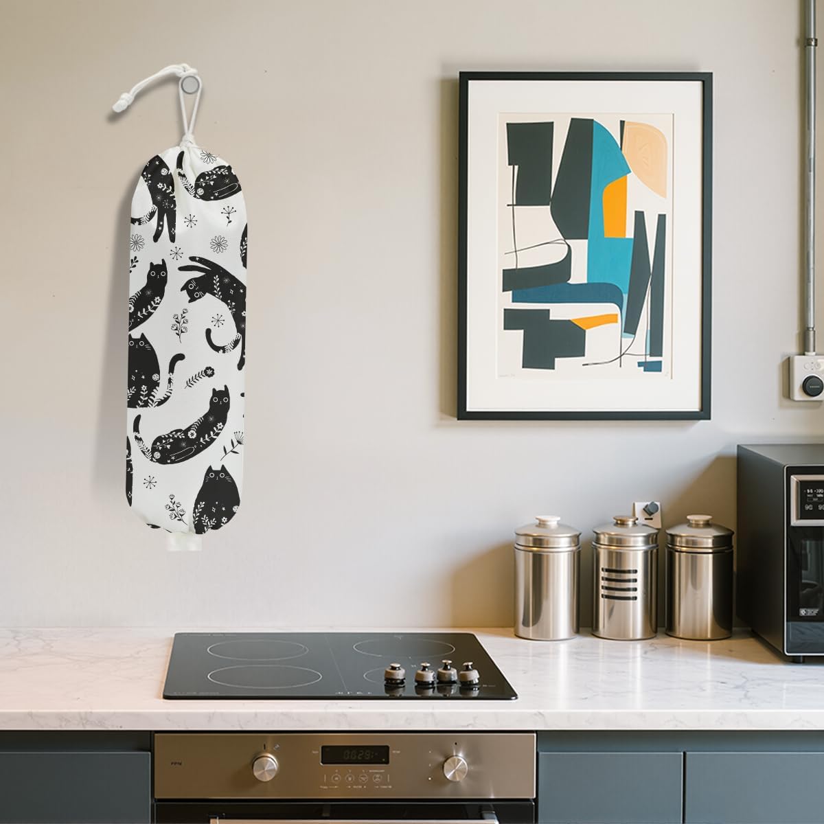 Black White Floral Cat Plastic Bag Holder, Wall Mount Grocery Bag Holder for Plastic Bags, Vibrant Cats Reusable Grocery Bags Storage Dispenser for Home Kitchen Decor, Cat Lover Gifts for Women