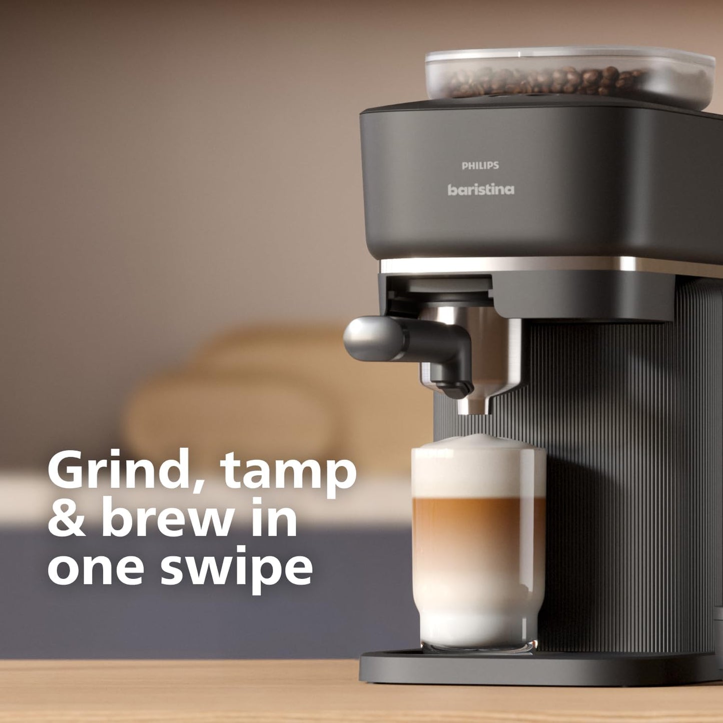 Philips Baristina Espresso Machine, Grind, Tamp & Brew Coffee Beans in One Swipe, Compact, 16 Bar Pump Pressure, Automatic Grinder, Black with Black Portafilter (BAR300/60)