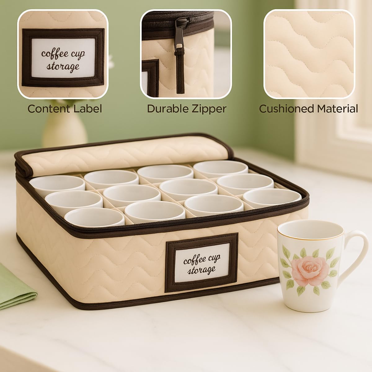 Mugs Storage Container - Quilted Microfiber China Organizer Box with Dividers , Protects & Organizes Up to 12 Mugs - Ideal for Seasonal Dishware Protection