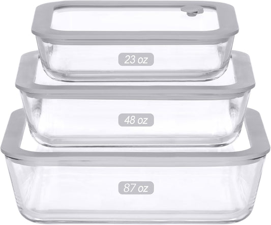 Glass Food Containers with Glass Lid, Microwave Safe Food Storage Container Set, 3 Pack of Large Size, Food Storage Containers with Lids, Meal Prep containers with Leak Proof Lid.