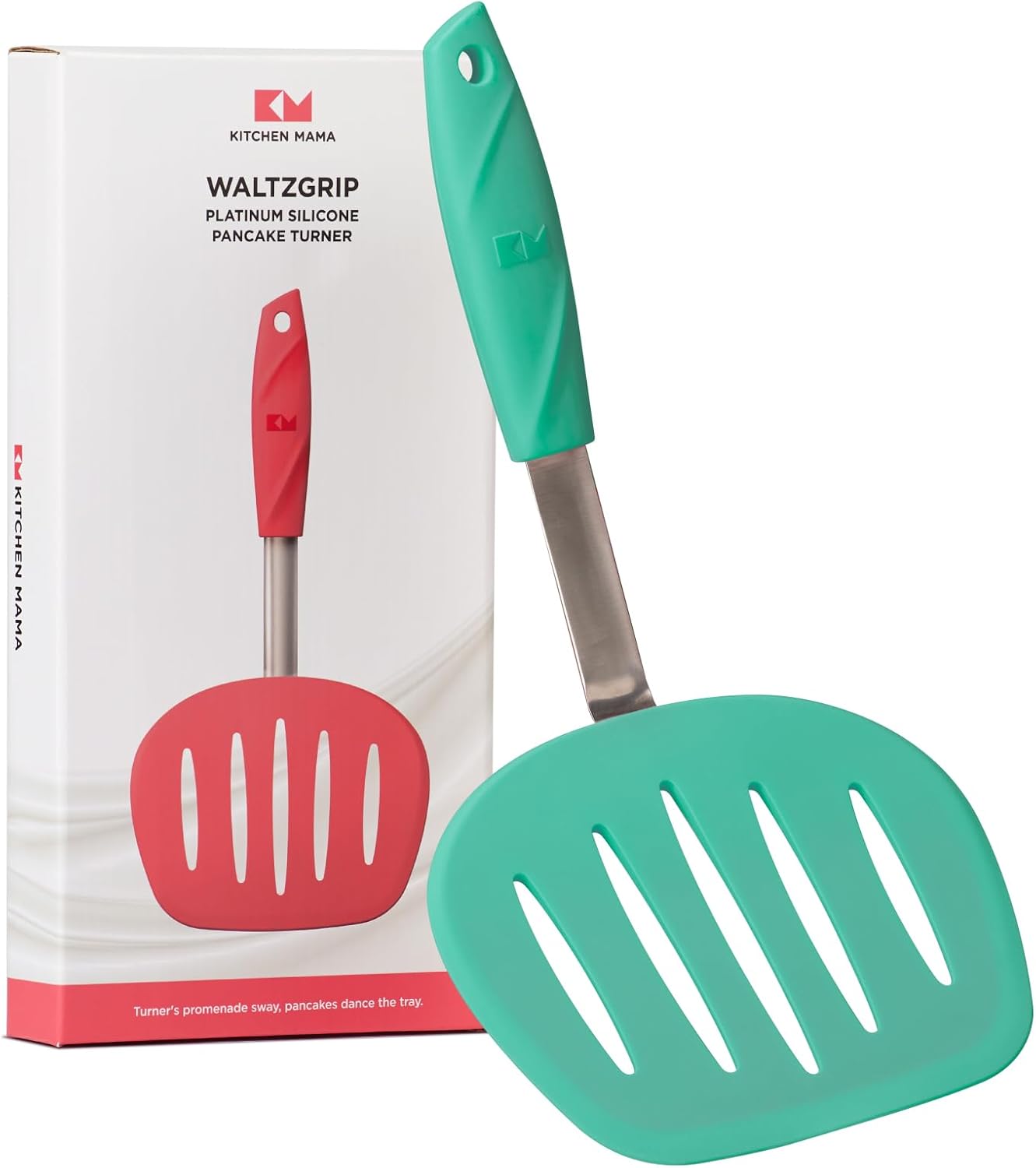 Kitchen Mama WaltzGrip Platinum Silicone Pancake Spatula Turner: Heat Resistant Flexible, Stainless Steel Core, Nonstick, Dishwasher Safe, Flipper – Ideal Kitchen Cookware for Eggs, Fish, Meat (Teal)