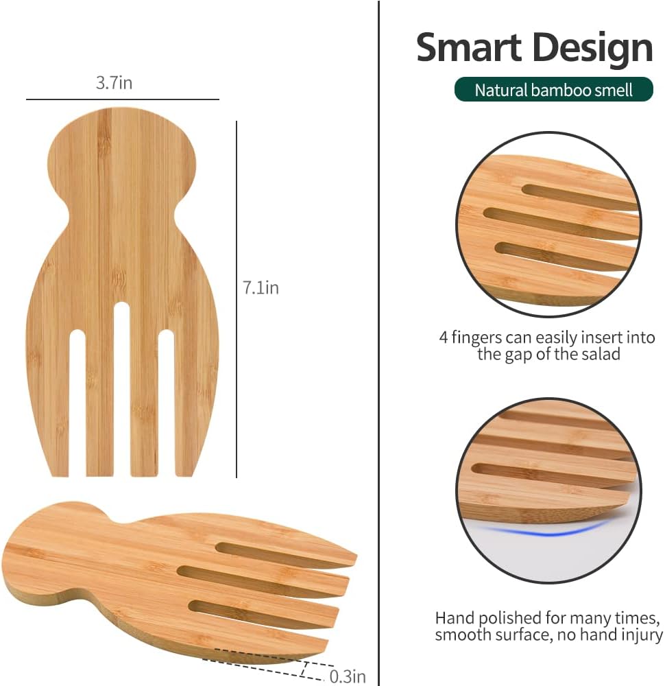 Bamboo Salad Hands, 2pcs 7.1in Bamboo Salad Server, Bamboo Kitchen Helper With Smooth Surface by Hand Grinding, Salad Claws Set for Serving Salad, Pasta, Fruit on Your Kitchen (2pcs Salad Hand)