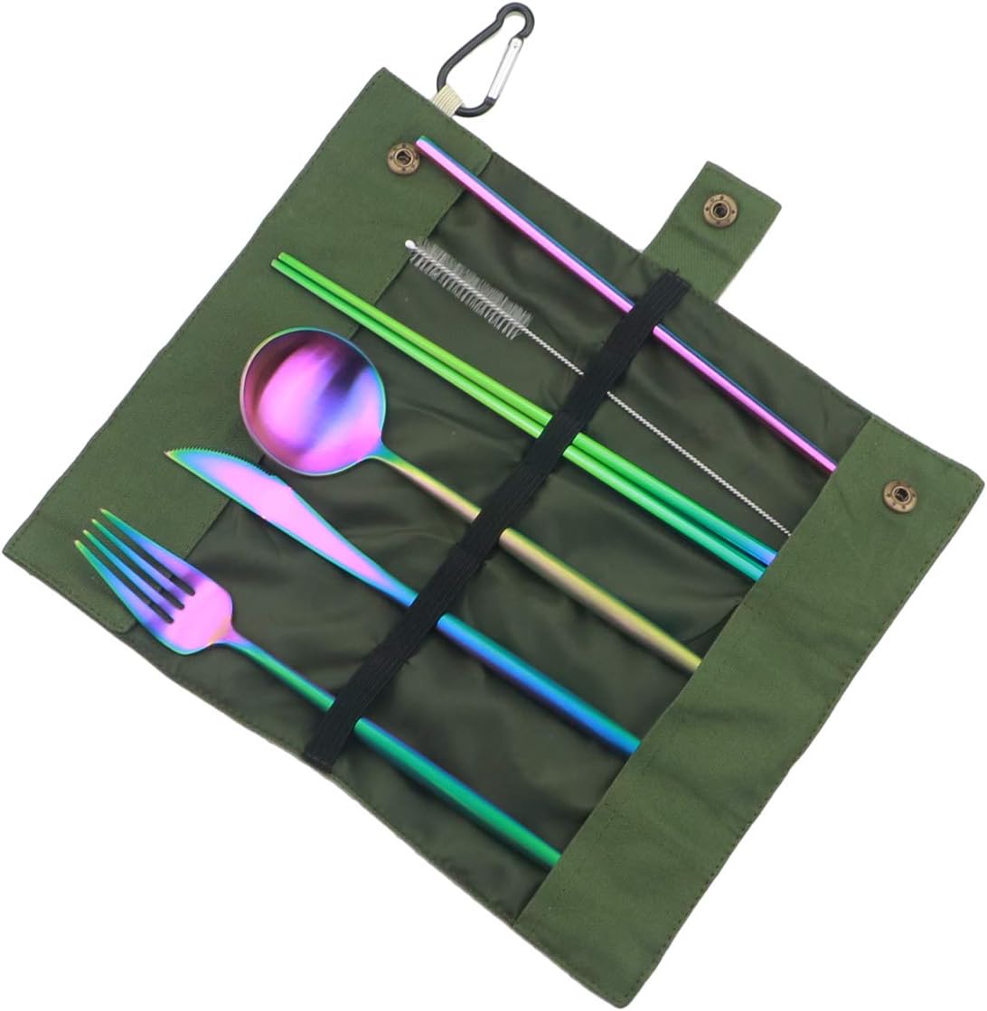 Gugrida Reusable Travel Utensils, 7 Piece Portable 304 Stainless Steel including Knife Fork Spoon Chopsticks Cleaning Brush Straws Portable Pouch, Eco-friendly Camping Silverware Set, Dishwasher Safe