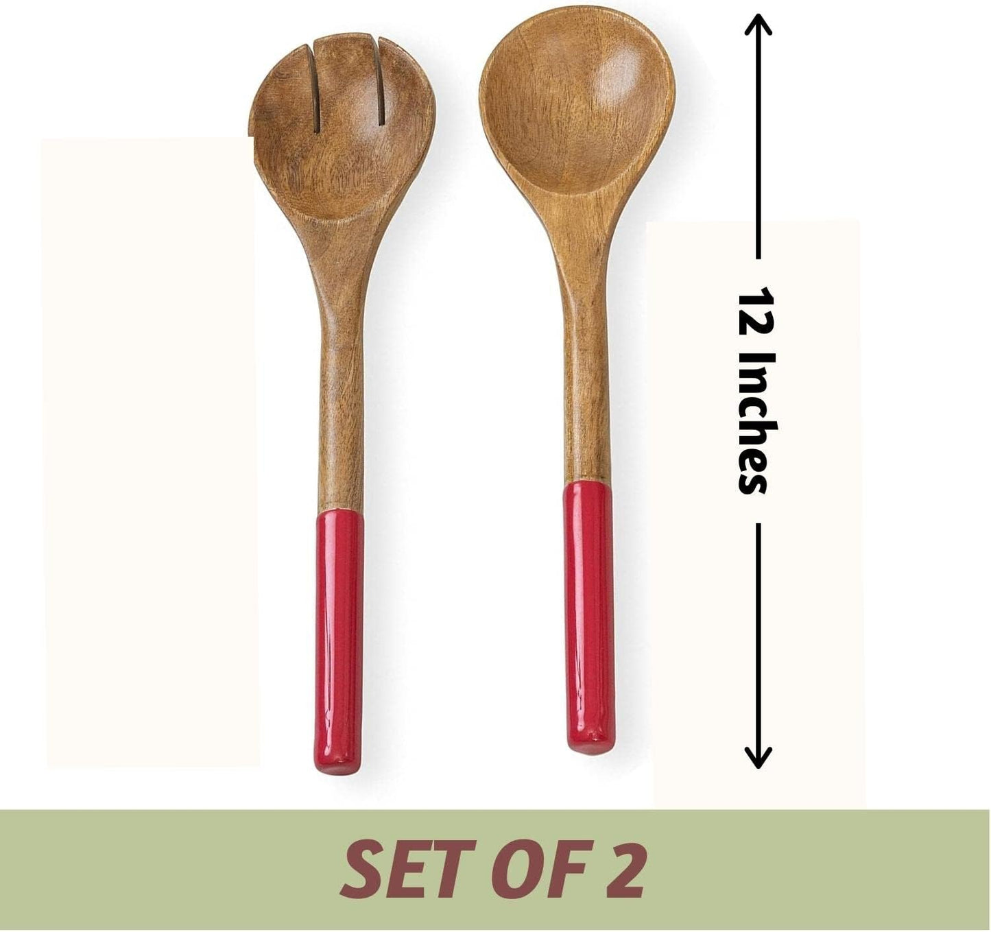 Folkulture Wooden Salad Serving Utensils or Salad Tongs, Salad Servers for Wooden Salad Bowl Set, Salad Tongs for Serving, Salad Hands for Kitchen Decor, 12-inch Spoon and Fork Set, Red
