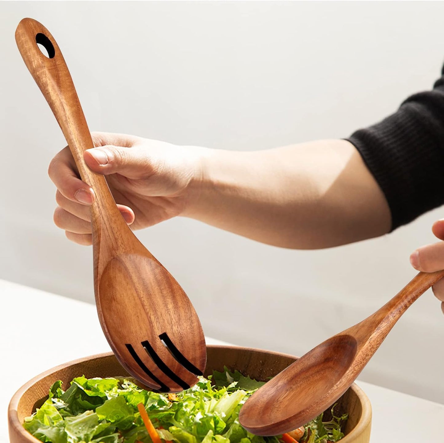 Wooden Salad Tongs Mixing Spoon Wood Salad Servers Serving Utensils 10" Salad Fork and Spoon Kitchen Salad Serving Spoons