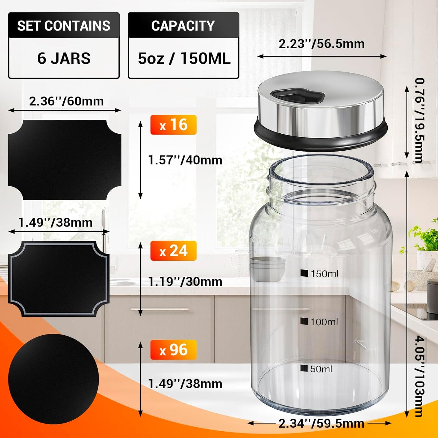 Segarty Spice Jars with Labels, 6 Pack 5oz Glass Spice Containers with Lids, Empty Clear Salt Shakers for Kitchen Condiment Storage, Spice Bottles Set with 136 Stickers, 1 Marker Pen and 1 Brush