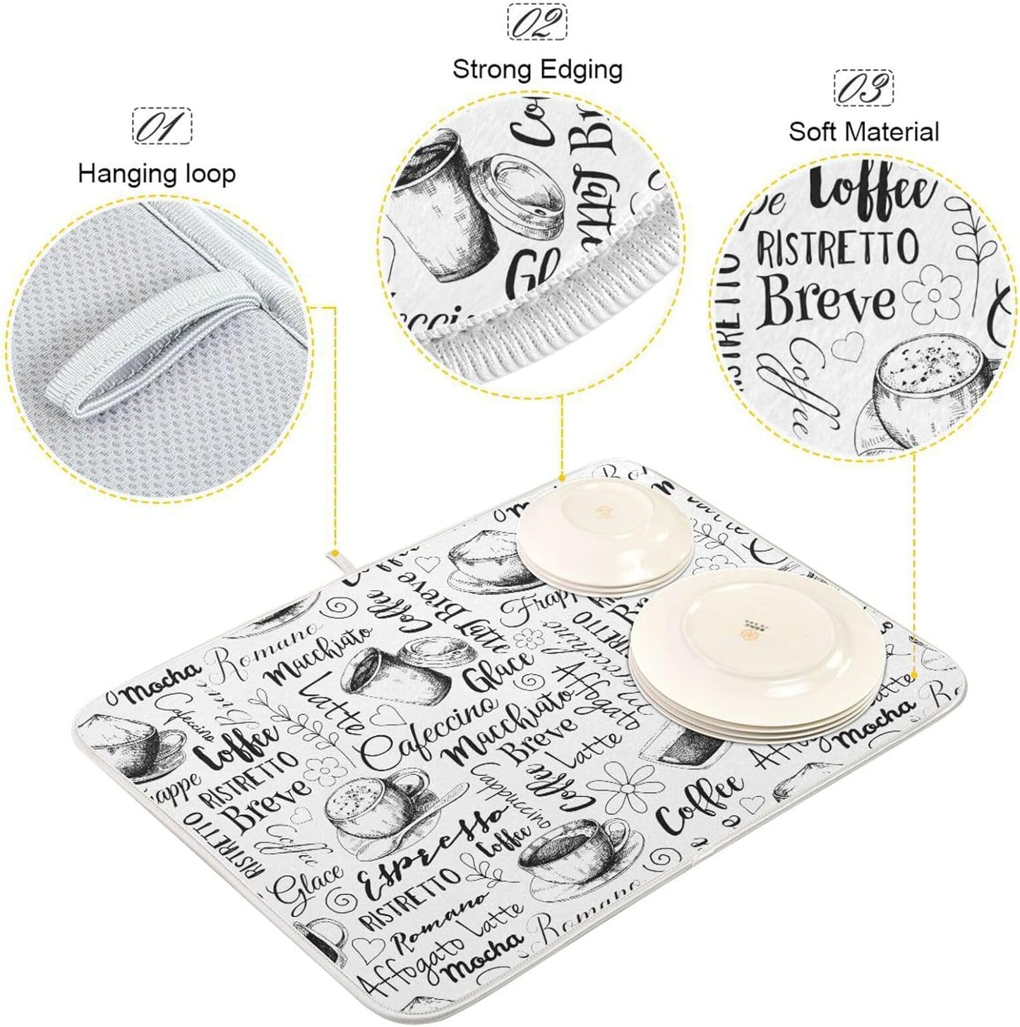 Coffee Cups Print Dish Drying Mat for Kitchen Counter Absorbent Microfiber Drying Pad, Medium 16x18 in, Reversible Drainer Mats