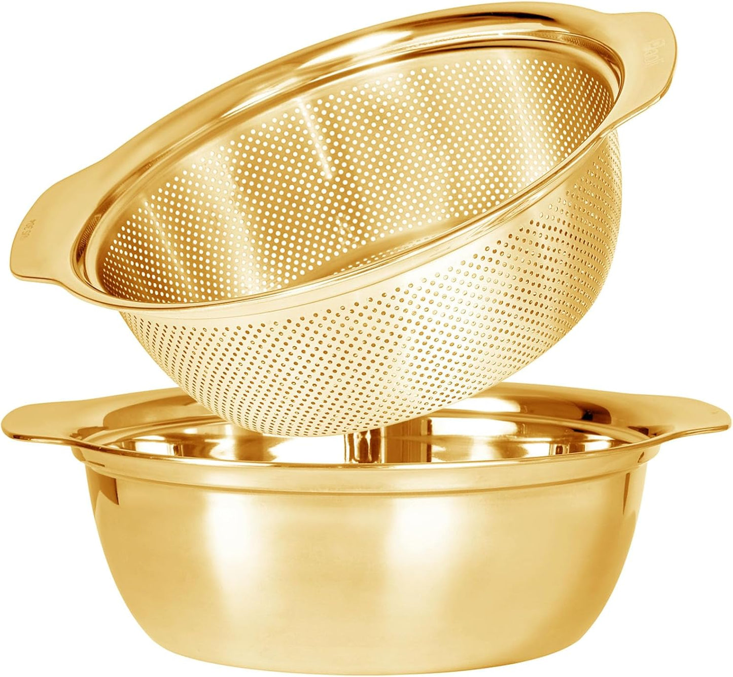 304 Stainless Steel Microporous Colander with Handle, Rice Washers Microporous Strainer Set For washing vegetables, fruits and rice, and draining cooked pasta(2QT with handle-Gold)