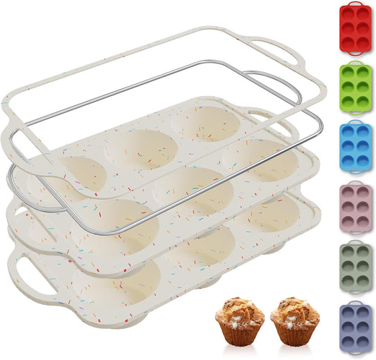 2 Packs 6 Cups Silicone Muffin Pan with Metal Reinforced Frame Jumbo Size Cupcake Pan Tray Egg Bites Silicone Circle Cookie Molds Muffin Tin Tart Pans Large Big Baking Sheet Set for Breakfast
