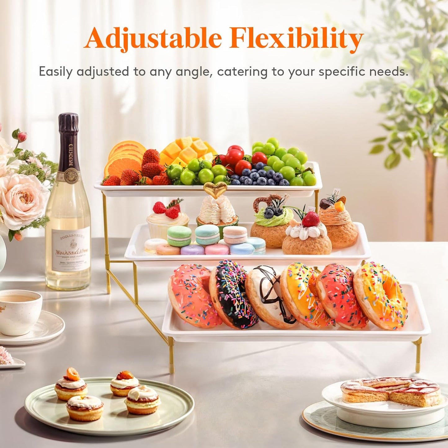 Lifewit Plastic 3 Tier Serving Tray for Party Supplies, 14" x 6.5" Crack-Proof Platters for Serving Food, White Reusable Trays with Yellow Metal Display Stand for Veggie, Fruit, Cookies, Dessert