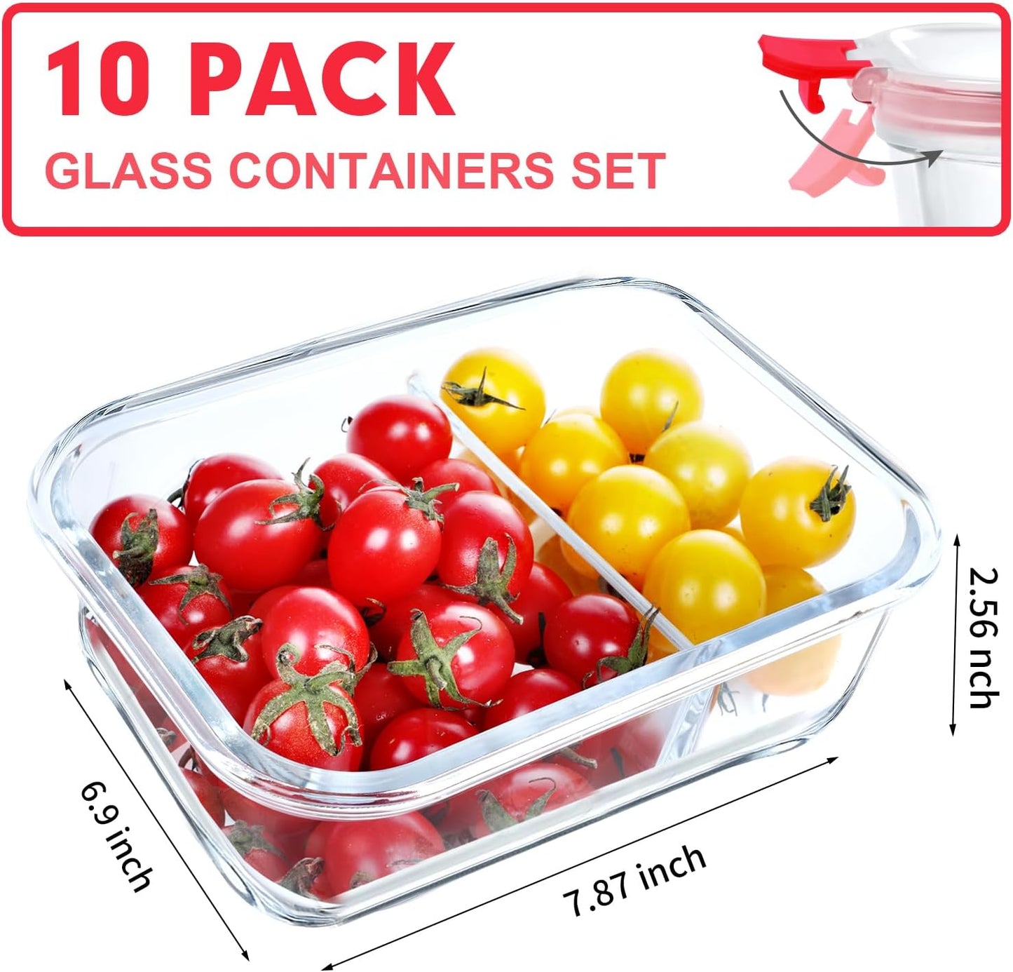 VERONES 10 Pack Glass Meal Prep Containers 2 Compartment Set, 36OZ Airtight Lunch Containers, Glass Food Storage Containers with Lids, for Microwave, Oven, Freezer & Dishwasher Friendly,Red