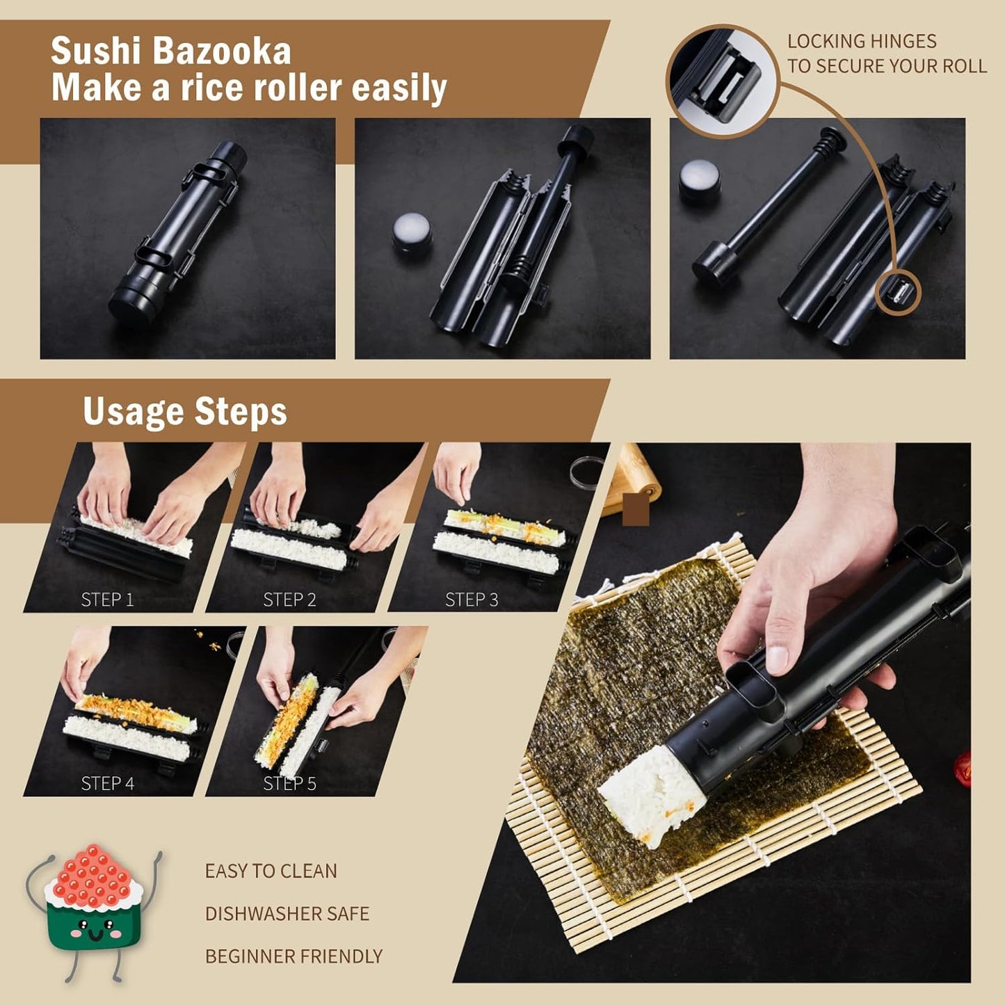 Deluxe Sushi Making Kit 25-in-1 Bazooka Roller Set, Bamboo Mat,Knife,Sauce Tray,Japanese Sashimi Sushi Bamboo Serving Geta Plate,and More - Perfect for Beginners