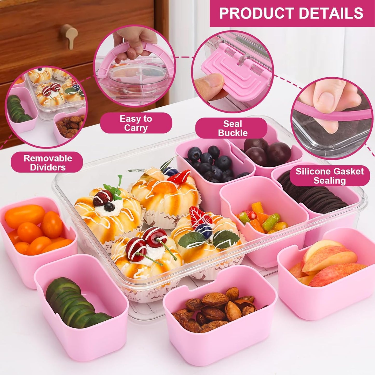shopwithgreen Divided Serving Tray with Lid and Handle, Portable Snackle Box Charcuterie Container for Party, Veggies, Fruits, Nuts, Candy, Food Tray Platter Snack Box for Entertaining, Picnic, Pink