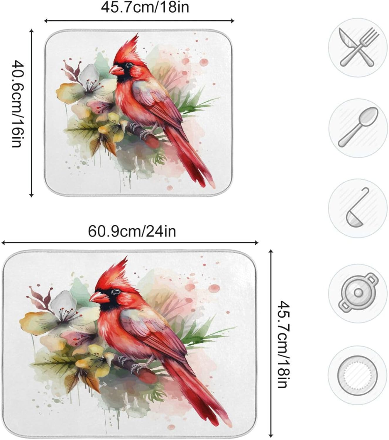 Cute Cardinal Christmas Dish Drying Mat for Kitchen Counter Absorbent Microfiber Drying Pad, Large 18x24 in, Reversible Drainer Mats