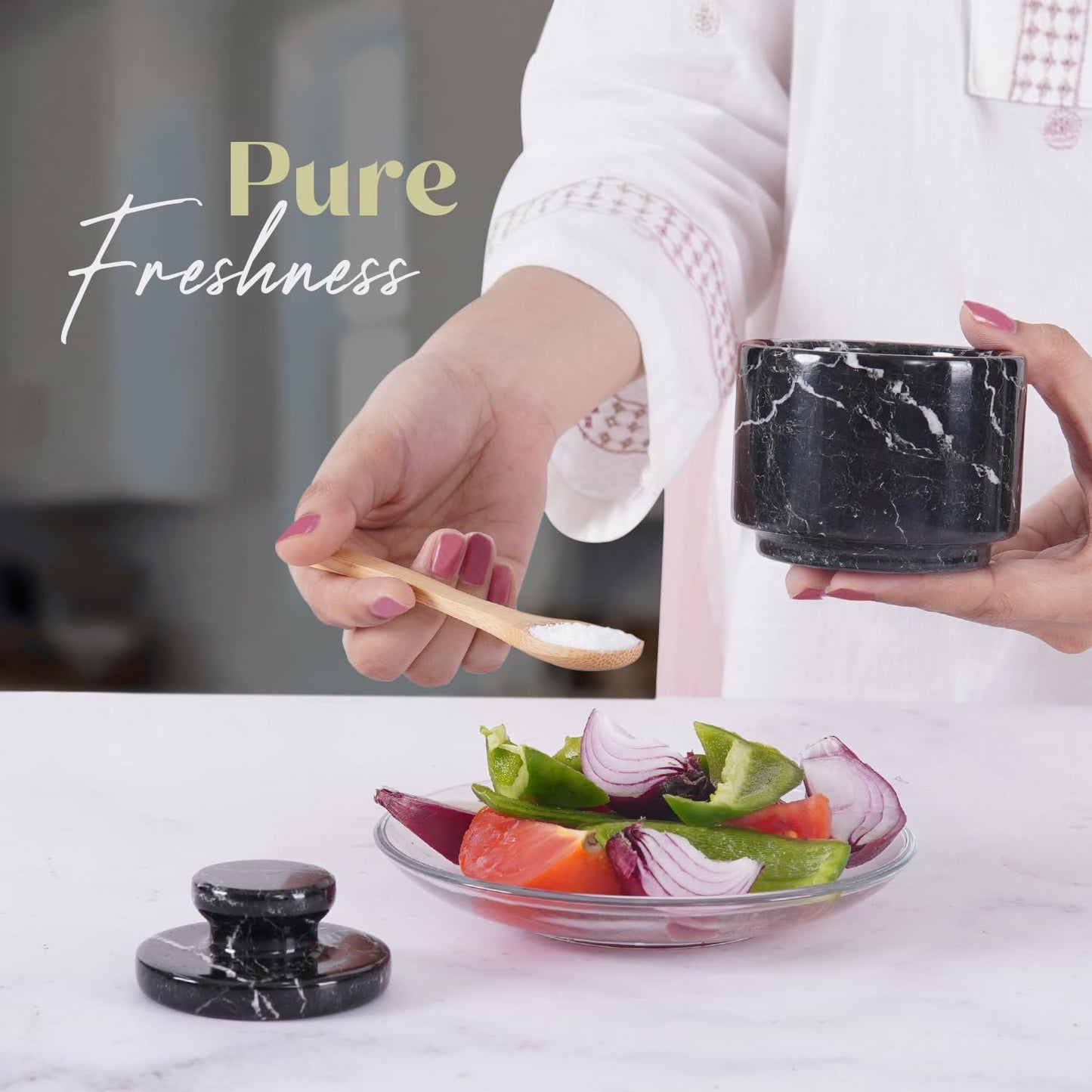 Marble Salt Cellar with Lid 3" Black Zebra Stone Salt, Sugar, Seasoning Containers for Kitchen Countertop, Modern Salt Dish, Spice Jar