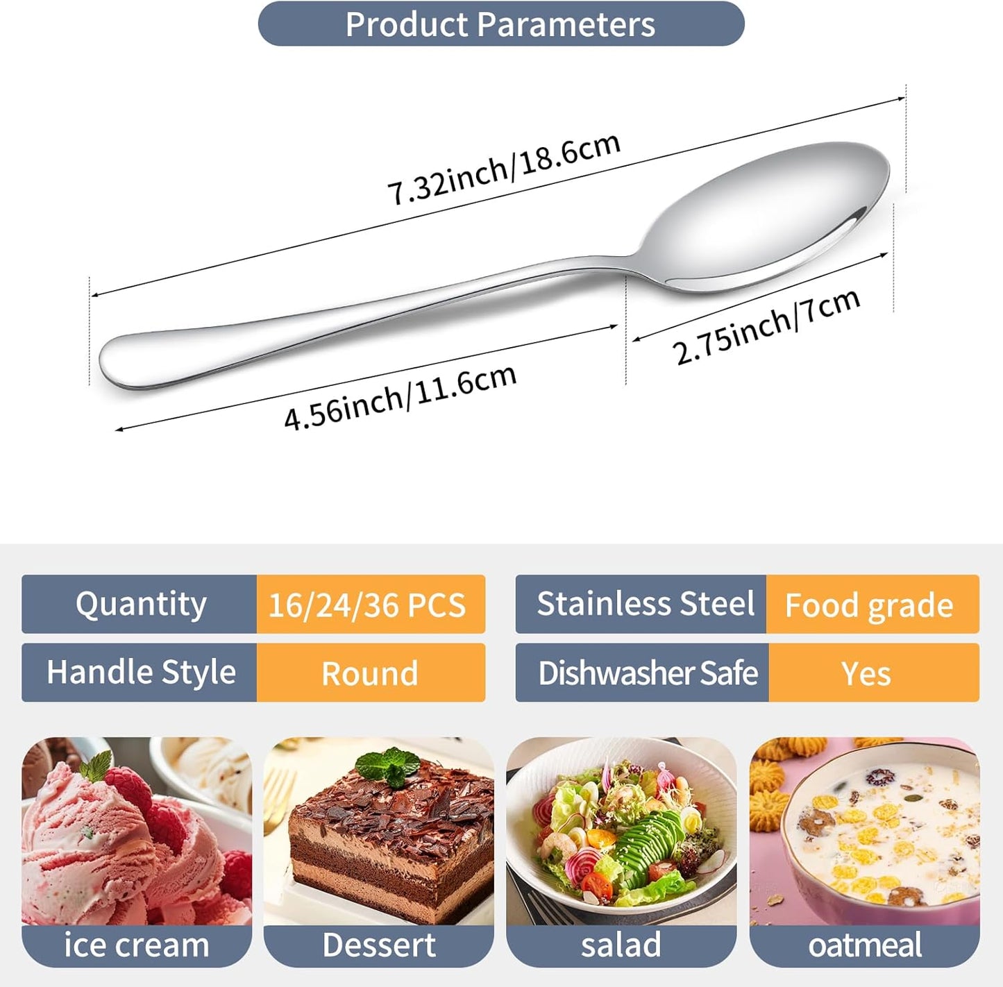 12 Pcs Dinner Spoons Set 7.32" Premium Food Grade Stainless Steel Spoons Mirror Finish & Dishwasher Safe,Use for Home,Restaurant