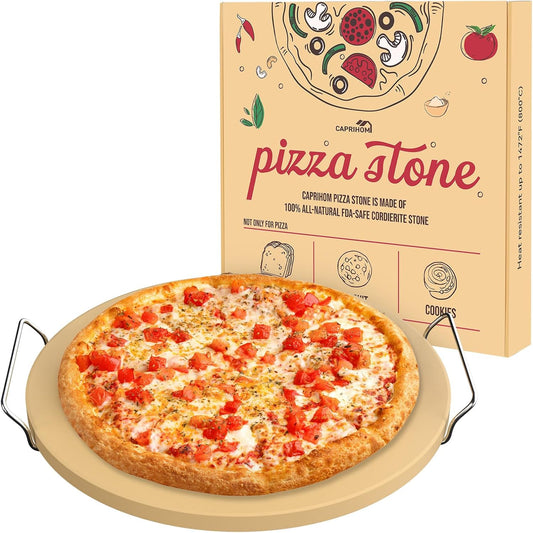 Round Pizza Stone for Grill 16 inch with Handles - Heavy Duty Cordierite Pizza Stone for Oven -Thermal Shock Resistant Baking Stone, Includes Metal Rack & Scraper