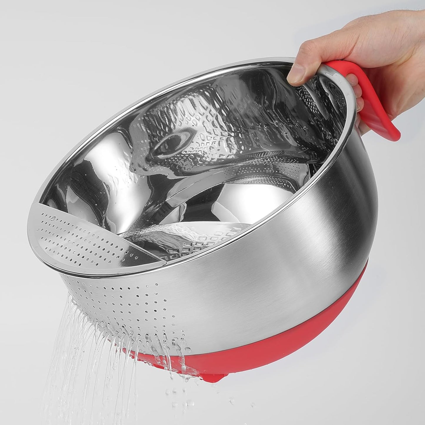 Rice Strainer Washing Bowl Quinoa Washer whit Handle Stainless Steel Colander Versatile Side Drainers for Cleaning Rinsing Fruits, Vegetables, and Beans - Tilting Non-slip Silicone Bottom, Red