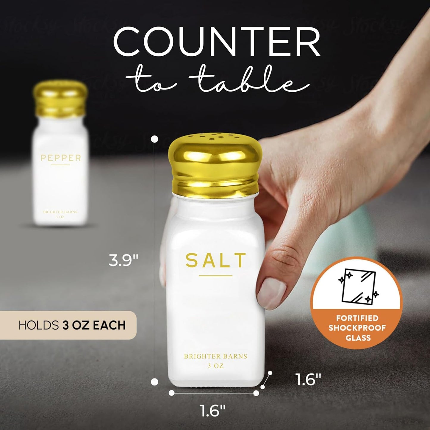 Gold Salt and Pepper Shakers Set by Brighter Barns - Modern Kitchen Decor, White and Gold Kitchen Decor & Accessories - Vintage Glass Shakers with Stainless Steel Lids for Home, Restaurant