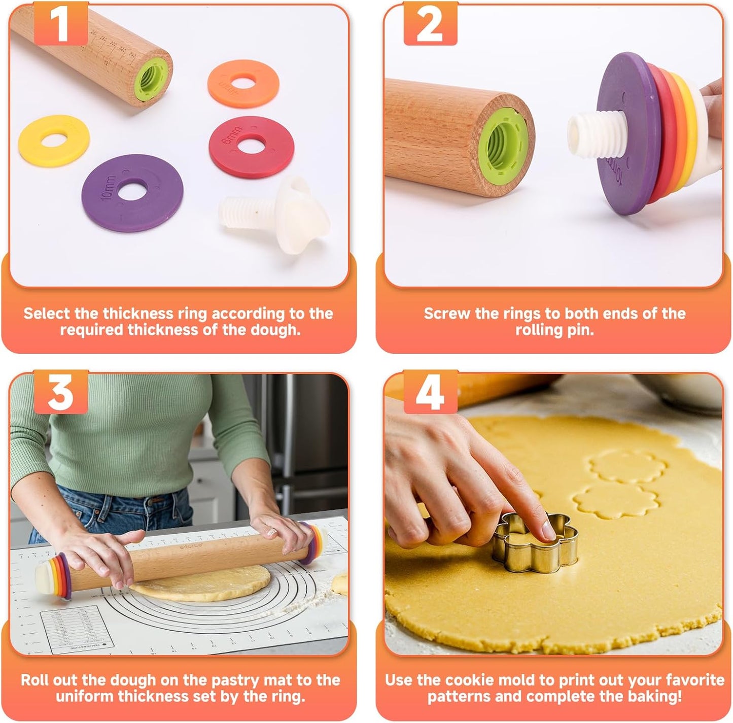 Wooden Rolling Pin with Thickness Rings and Pastry Baking Mat, Pizza, Cookie, Bread, Pie Crusts,Roller Rod for Dough Thickness, 13.6" with 4 Multicolored Thickness Rings&Cookie Molds
