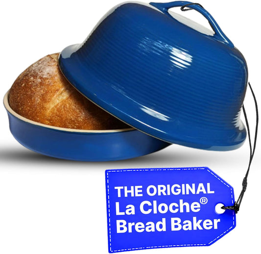Sassafras Superstone® Stoneware La Cloche® Bread Baker with Blue Glazed Exterior and Unglazed Interior Bakes an Artisan Bread with Crusty Crust and a Light Crumb