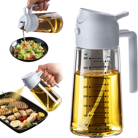 TrendPlain 16oz/470ml Glass Olive Oil Sprayer for Cooking – 2 in 1 Olive Oil Dispenser Bottle for Kitchen Gadgets and Air Fryer Accessories, Salad, BBQ - Ash