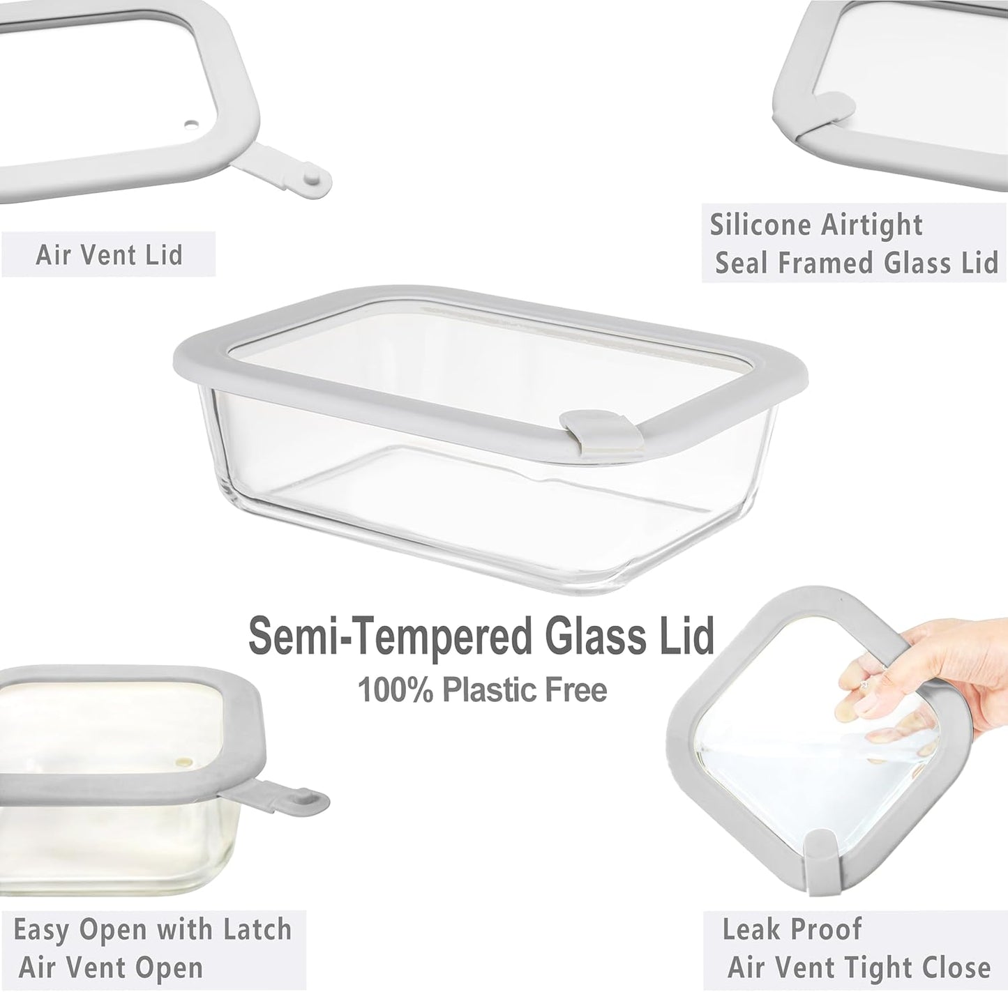 Glass Food Containers with Glass Lid, Microwave Safe Food Storage Container Set, 6 Pack Square Shape, Large Size Airtight Storage Set with Leak Proof Lids, Meal Prep Containers