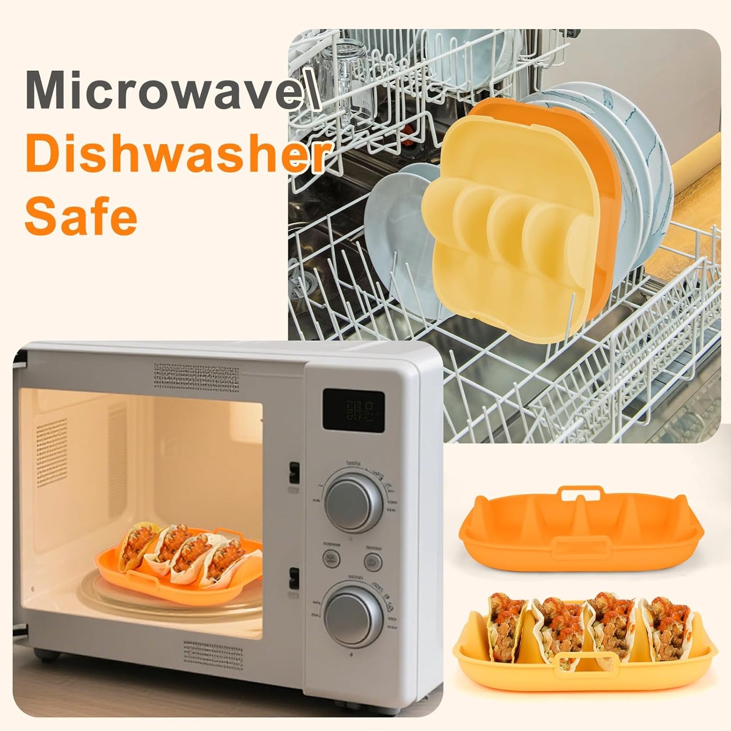 Silicone Taco Holder 2 Pack,10.2in Upgrade Reusable Taco Plates with Dividers,Fiesta Tacos Holder Tray.Taco Serving Plates, Dishwasher & Microwave Safe(2, ORANGE+YELLOW)