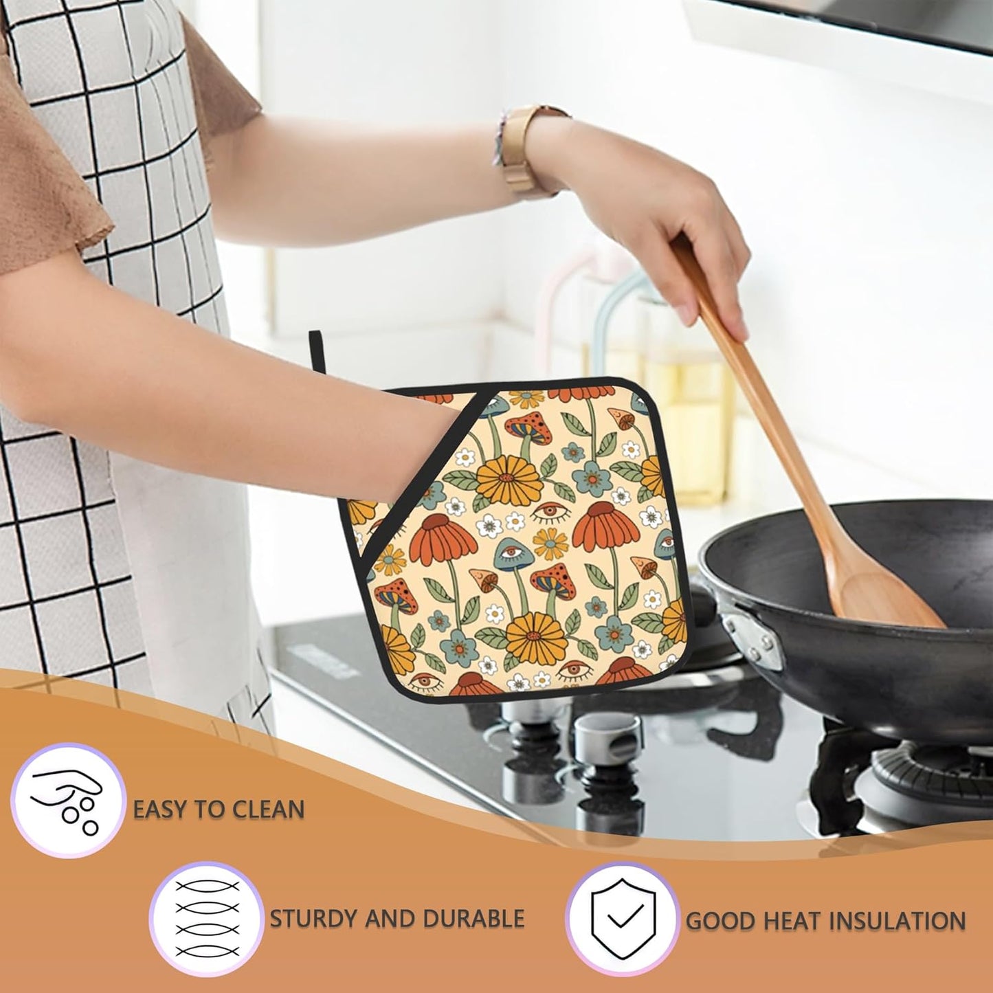 Mushroom Retro Psychedelic Floral Pot Holders Set of 2 Heat Resistant Potholders,Fire Oven Hot Pads for Kitchen Cooking Baking Barbecue