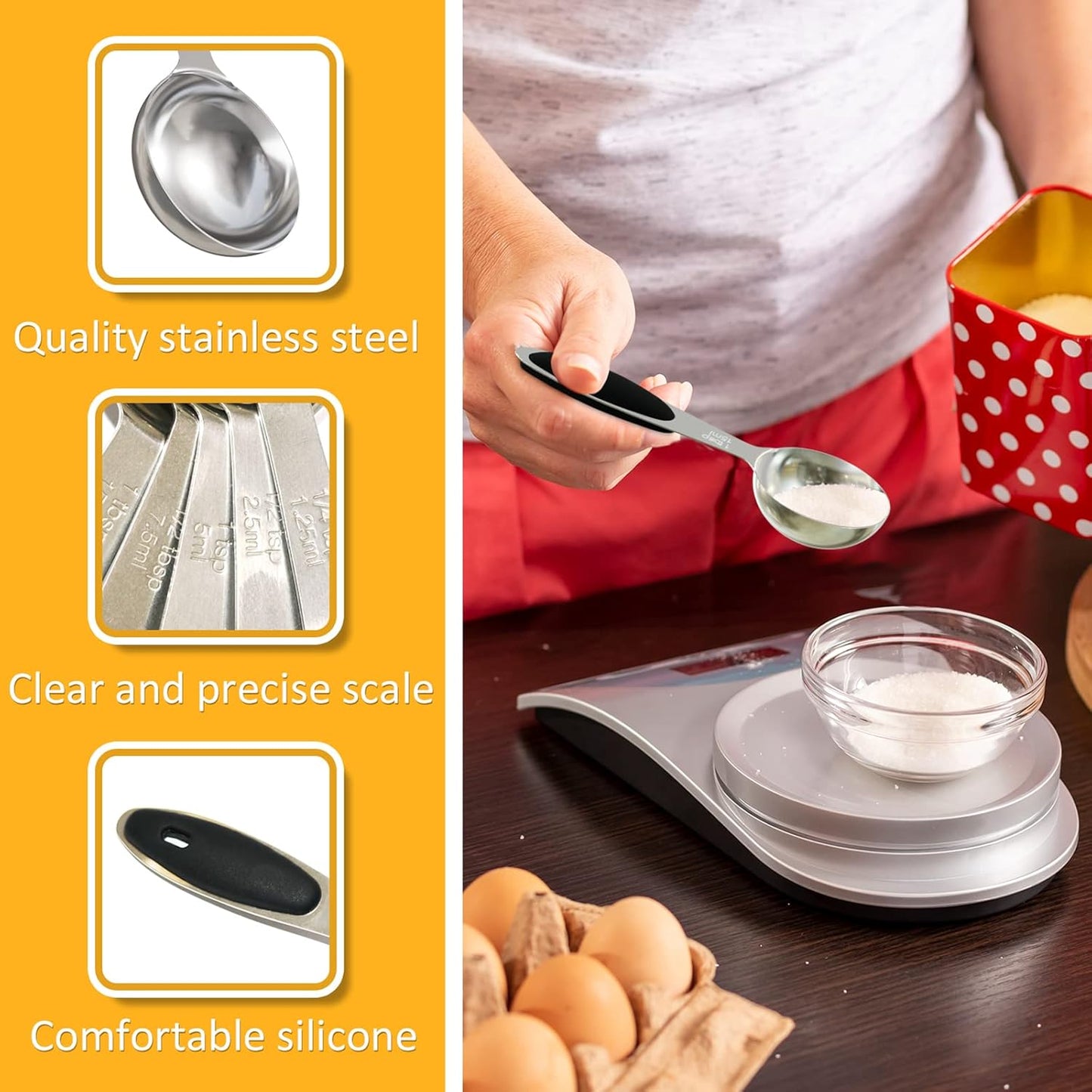 4PCS 1 Tbsp(3tsp, 1/2oz, 15ml) Single Measuring Spoon with Black Silicone Grip, Stainless Steel Individual Measure Scoop Only