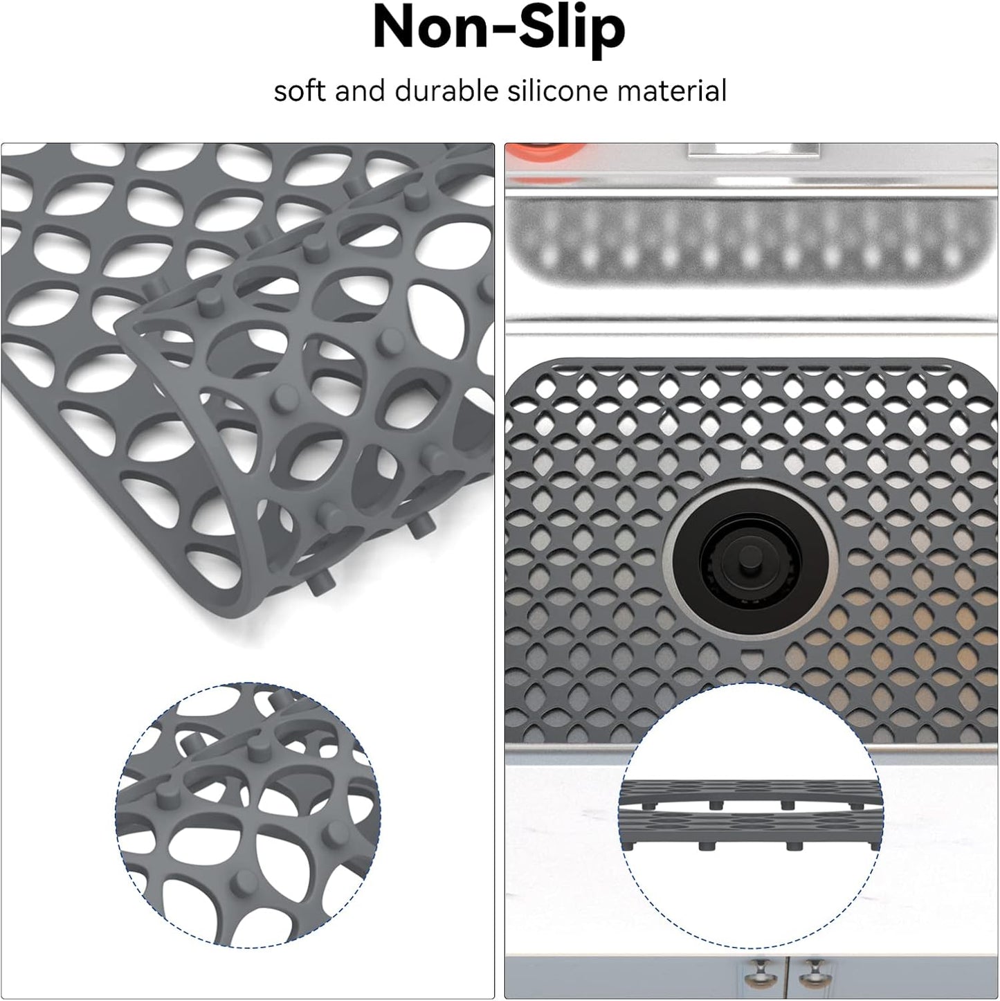 Kitchen Sink Mats, TOOVEM 2PCS Non-Slip Heat Resistant Silicone Sink Protector Mat for Bottom of Stainless Steel Porcelain Sink, Folding Farmhouse Rear Drain Sink Mats, Center Drain