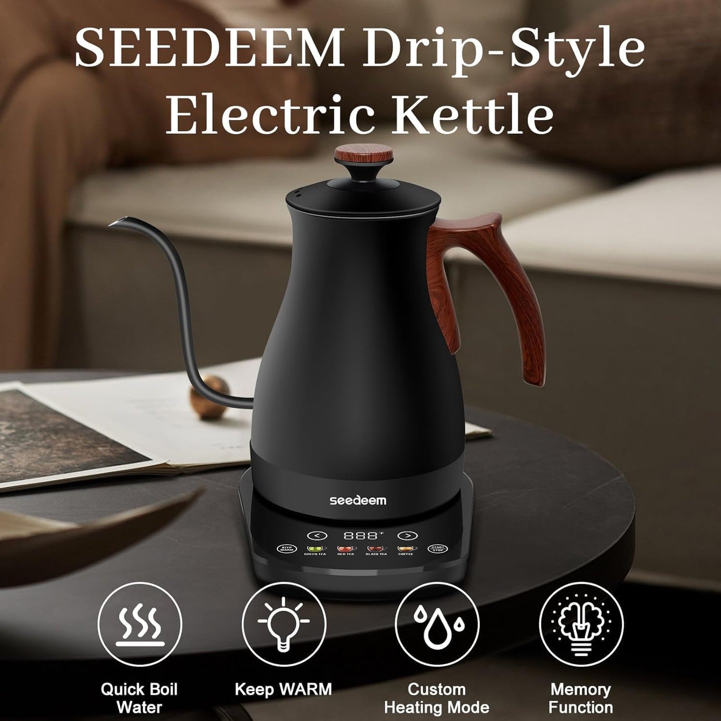 SEEDEEM Gooseneck Electric Kettle, 1L 1200W Touch Screen Pour-Over Kettle with 4 Heating Modes, ±1℉ Temp Control, Keep Warm Function, for Tea & Coffee, Black