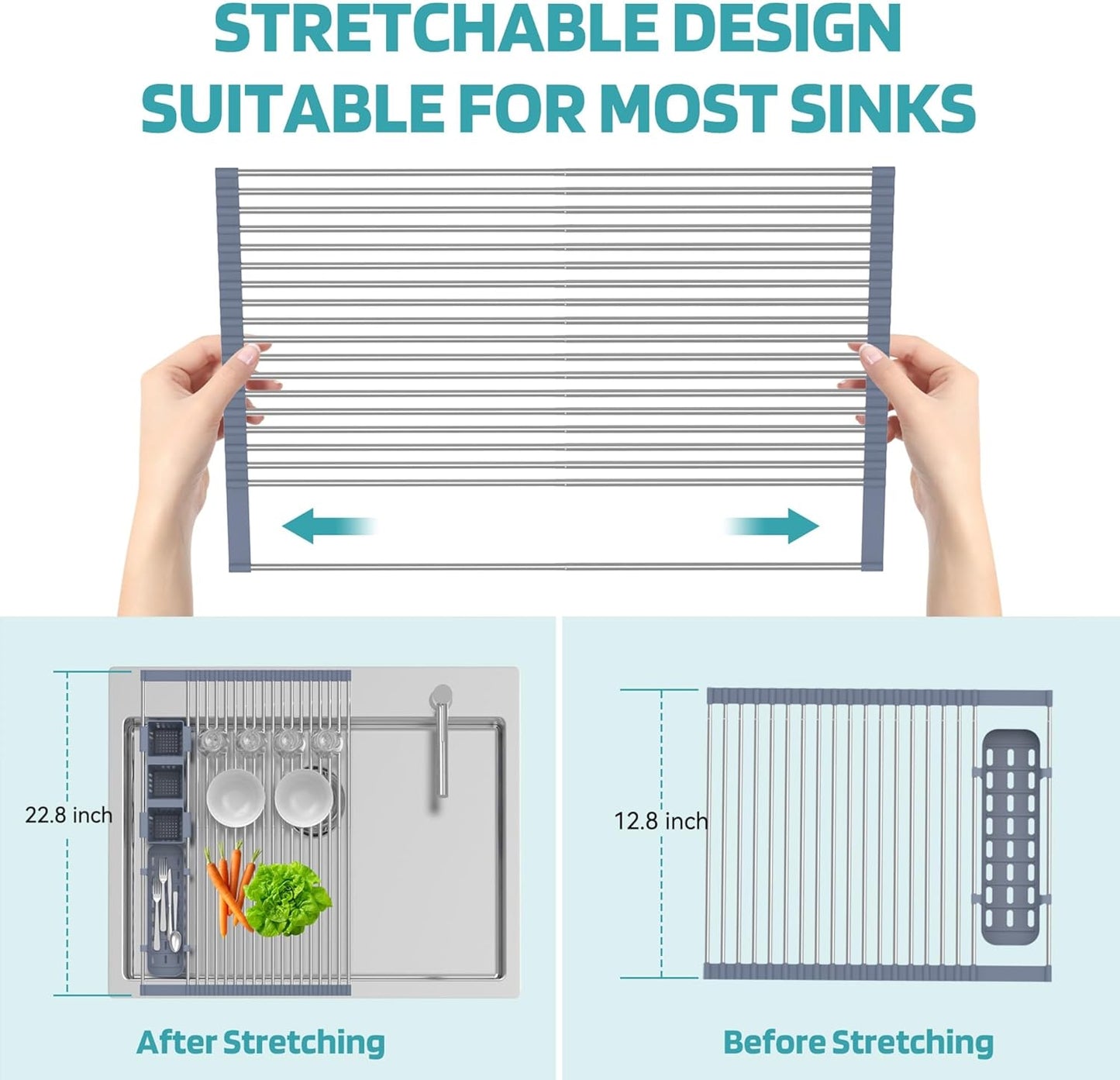 Extra Large Expandable Roll Up Dish Drying Rack Up to 22.8''with 2 Storage Baskets,Over The Sink Kitchen Rolling up Dish Drainer Dish Drying Rack in Sink, Foldable,Rollable,for Kitchen Dishes,Fruits