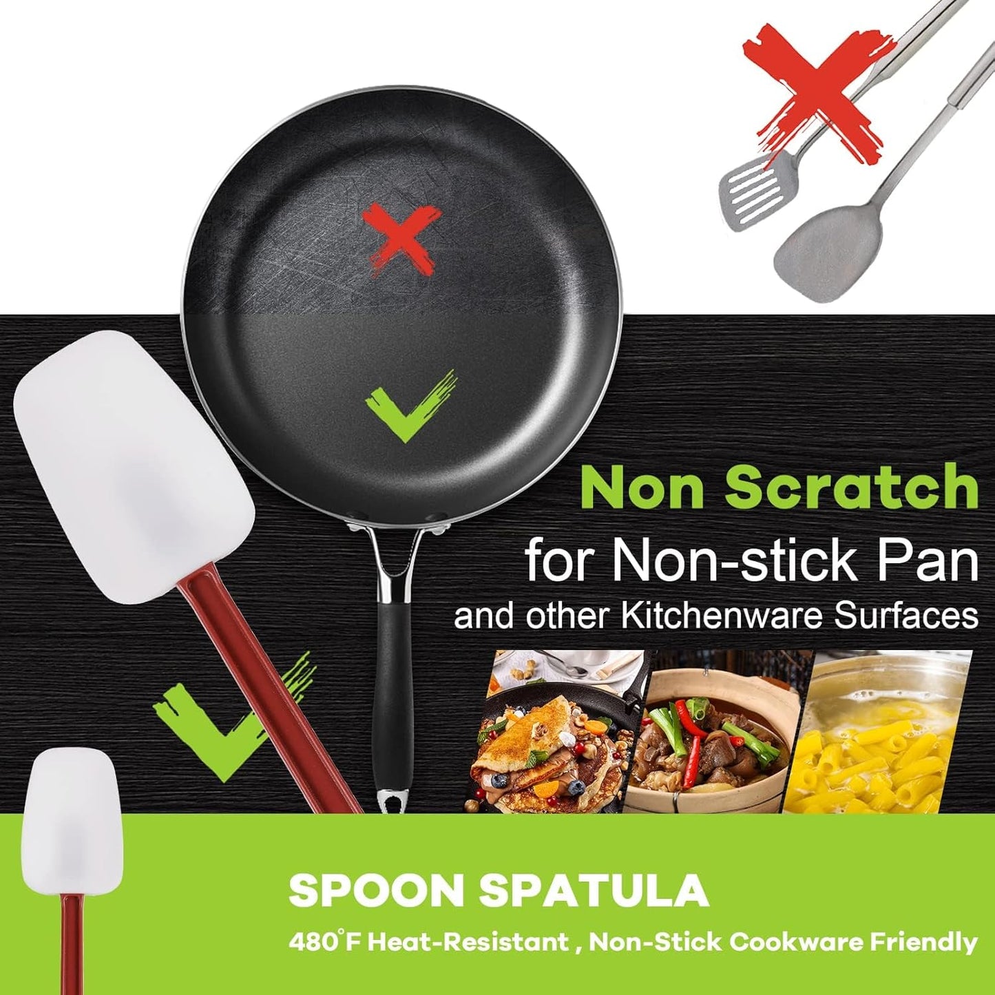 Kitchy Silicone Rubber Spatula and Spoon Set - High Heat Spatula Spoon, Commercial Cooking Set (1 Spoonula + 2 Scrapers, 14 Inches)