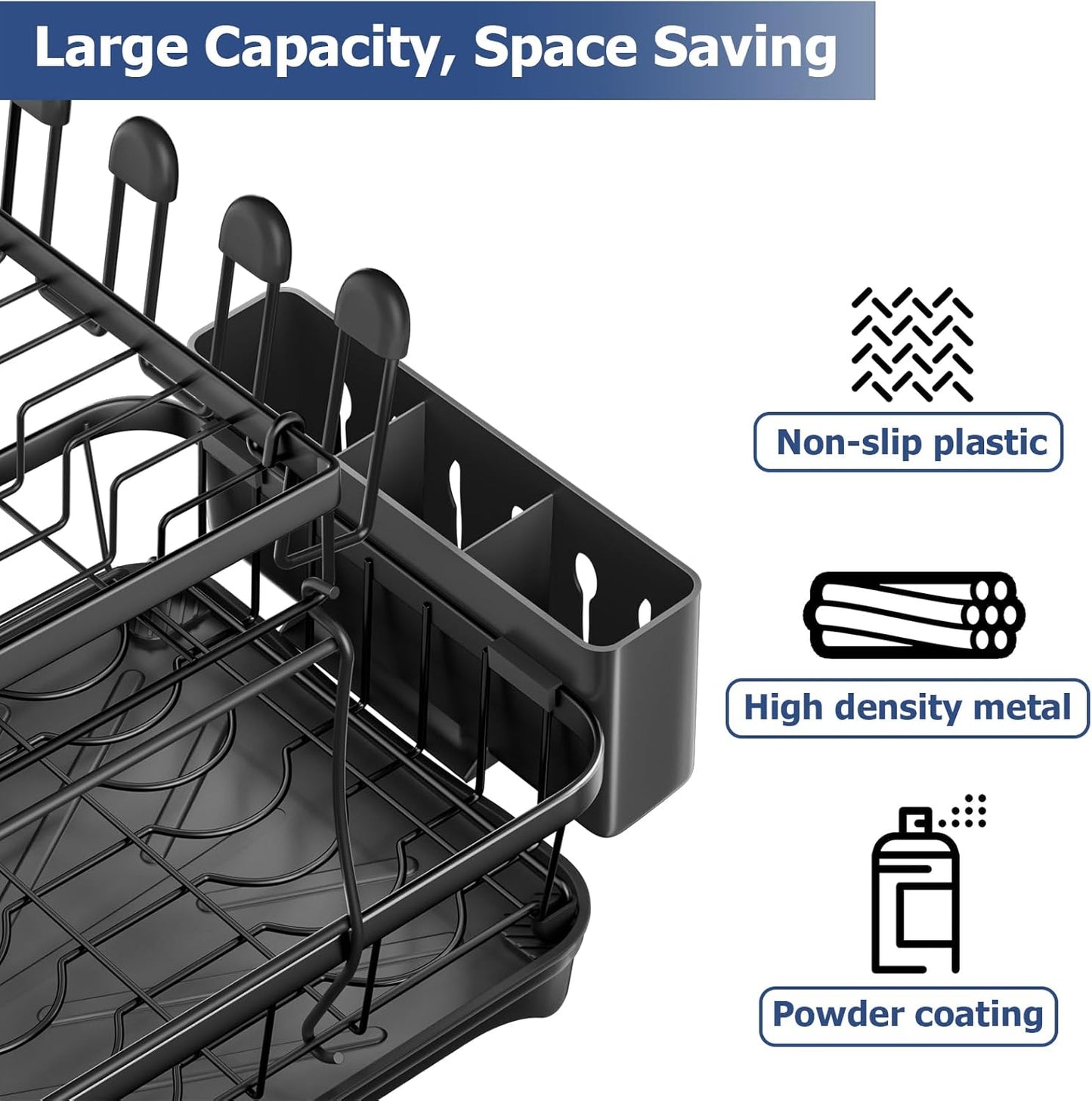 Dish Drying Rack 2-Tier Dish Racks for Kitchen Counter, Adjustable Spout Auto-Draining Dish Rack, Large Capacity for Plates, Bowls, Cups, Tableware，Dish Drainer with Drainboard,Black