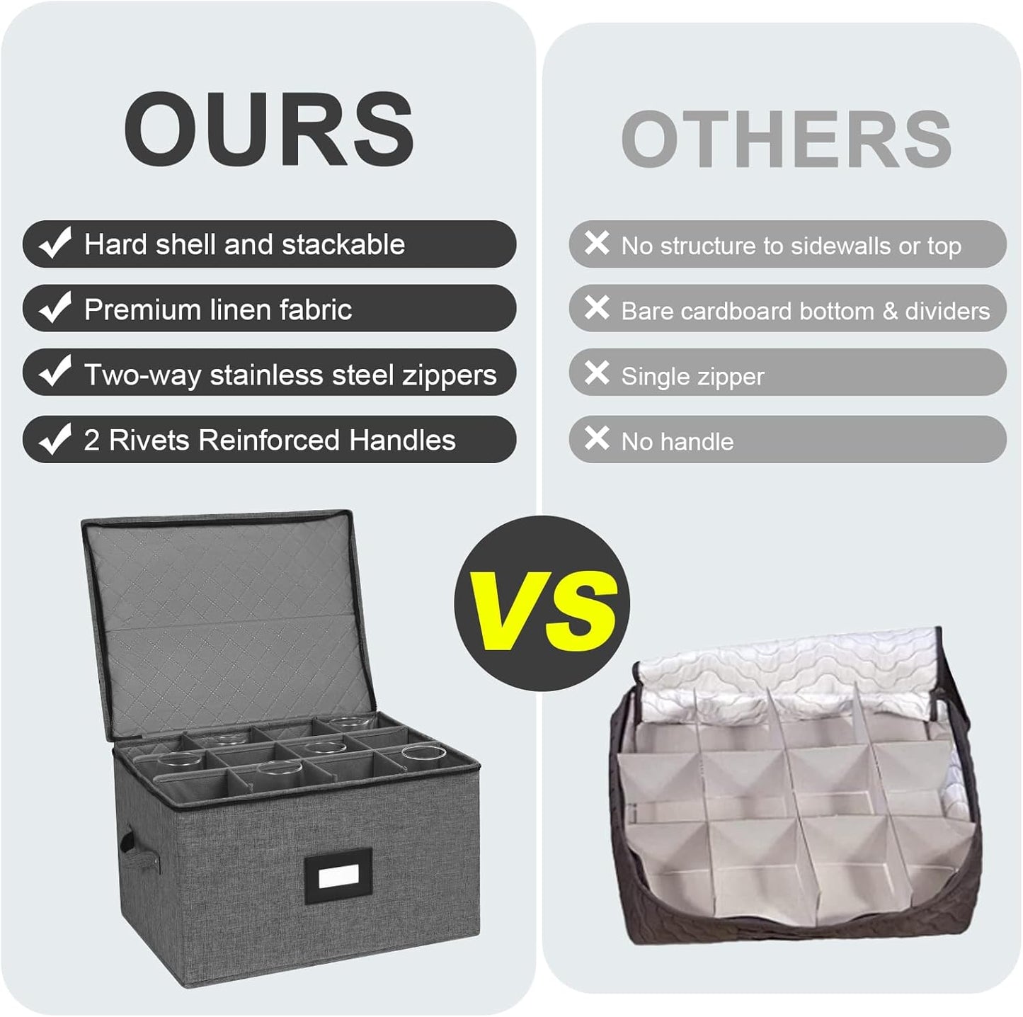 Mayniu Wine Glass Storage Box 2 Pack, Stemware Storage Containers Cases, Glassware Storage for 24 Crystal Glasses, Hard Shell Top Sides Bottom and Stackable (17'' x 13'' x 10'', Black)