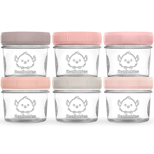 KeaBabies 6pk 4oz Glass Baby Food Containers with Lids - Leak-Proof, Microwavable Small Glass Jars, Baby Purees & Toddler Snack Storage Containers, BPA-Free, Dishwasher & Freezer Safe (Roseate)